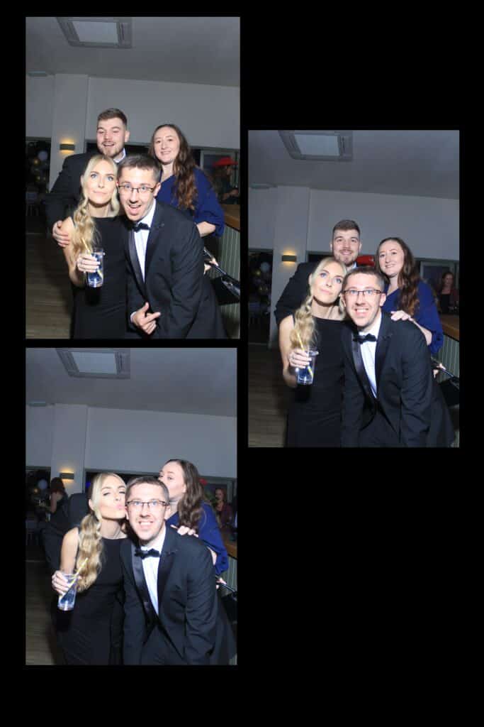Four friends having fun at a formal event.